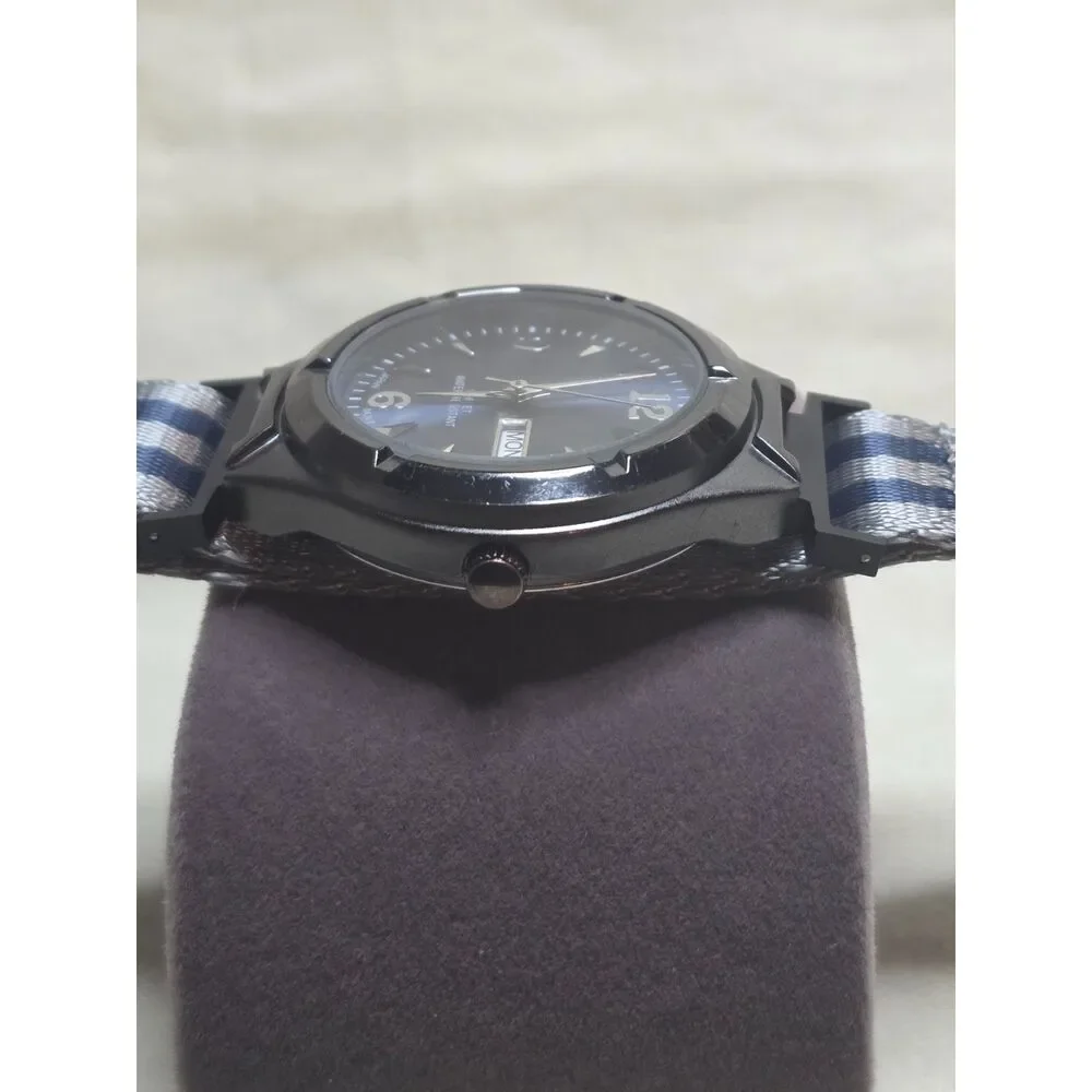 FMD Gunmetal Blue Sunburst Dial Day Date Mens Watch Blue Striped NATO Strap